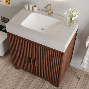 English Elm 30 Inch Freestanding Bathroom Vanity with Sintered Stone Top and Integrated Ceramic Sink Brown / Stone Gray W3136S00140