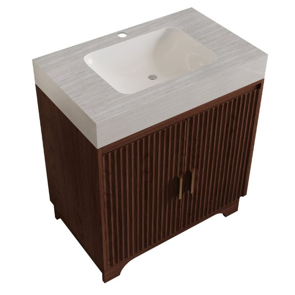 English Elm 30 Inch Freestanding Bathroom Vanity with Sintered Stone Top and Integrated Ceramic Sink Brown / Stone Gray W3136S00140