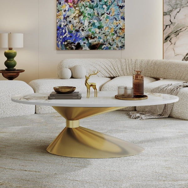 English Elm 49.2 Inch Oval Sintered Stone Coffee Table with Sculptural Stainless Base for Living Room Gold,White W3136S00141