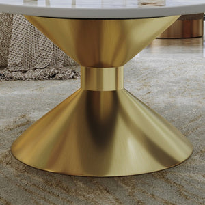 English Elm 49.2 Inch Oval Sintered Stone Coffee Table with Sculptural Stainless Base for Living Room Gold,White W3136S00141