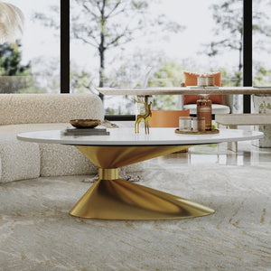 English Elm 49.2 Inch Oval Sintered Stone Coffee Table with Sculptural Stainless Base for Living Room Gold,White W3136S00141