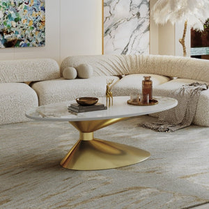 English Elm 49.2 Inch Oval Sintered Stone Coffee Table with Sculptural Stainless Base for Living Room Gold,White W3136S00141