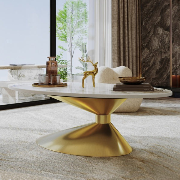 English Elm 49.2 Inch Oval Sintered Stone Coffee Table with Sculptural Stainless Base for Living Room Gold,White W3136S00141