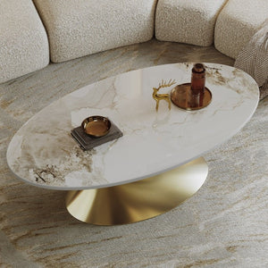 English Elm 49.2 Inch Oval Sintered Stone Coffee Table with Sculptural Stainless Base for Living Room Gold,White W3136S00141