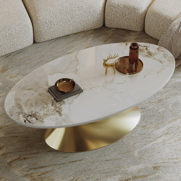 English Elm 49.2 Inch Oval Sintered Stone Coffee Table with Sculptural Stainless Base for Living Room Gold,White W3136S00141