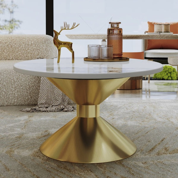 English Elm 49.2 Inch Oval Sintered Stone Coffee Table with Sculptural Stainless Base for Living Room Gold,White W3136S00141