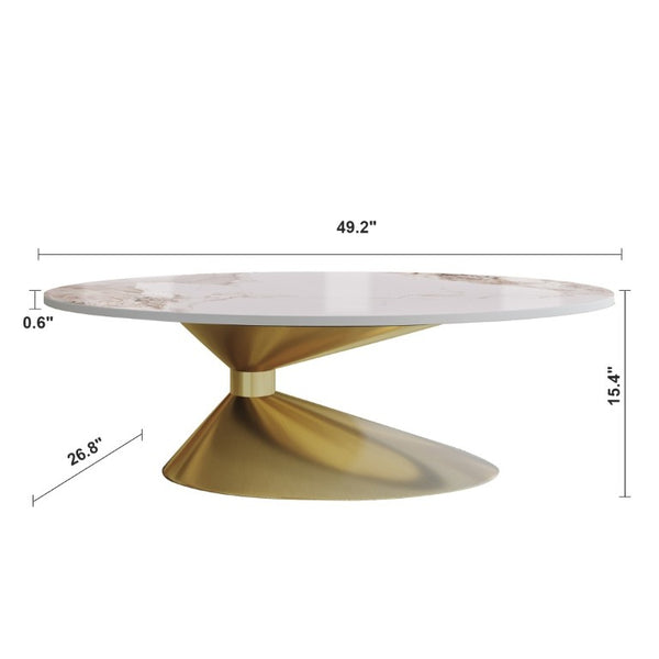 English Elm 49.2 Inch Oval Sintered Stone Coffee Table with Sculptural Stainless Base for Living Room Gold,White W3136S00141