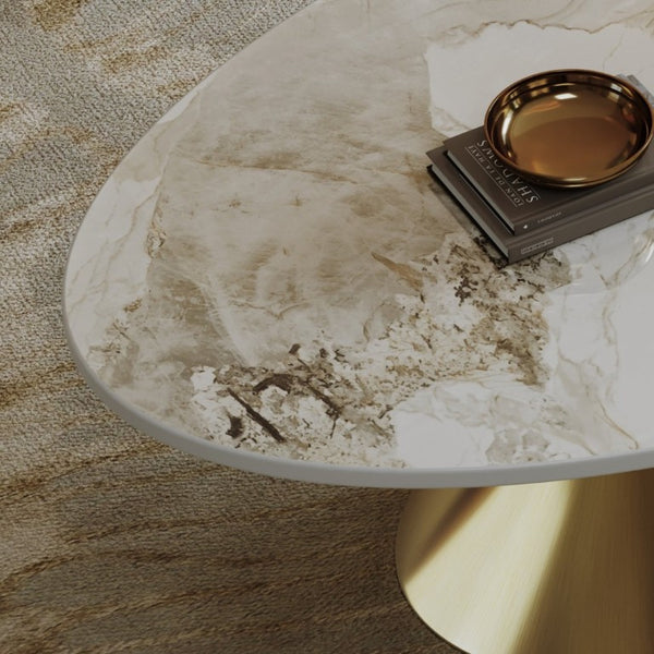English Elm 49.2 Inch Oval Sintered Stone Coffee Table with Sculptural Stainless Base for Living Room Gold,White W3136S00141