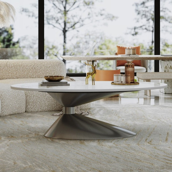 English Elm 49.2 Inch Oval Sintered Stone Coffee Table with Sculptural Stainless Base for Living Room Gray,White W3136S00142