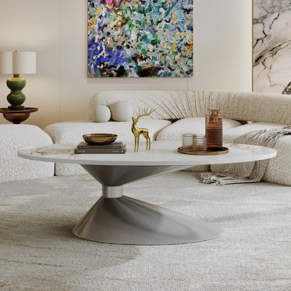 English Elm 49.2 Inch Oval Sintered Stone Coffee Table with Sculptural Stainless Base for Living Room Gray,White W3136S00142
