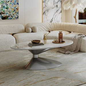 English Elm 49.2 Inch Oval Sintered Stone Coffee Table with Sculptural Stainless Base for Living Room Gray,White W3136S00142