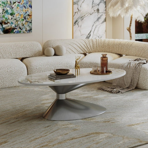 English Elm 49.2 Inch Oval Sintered Stone Coffee Table with Sculptural Stainless Base for Living Room Gray,White W3136S00142