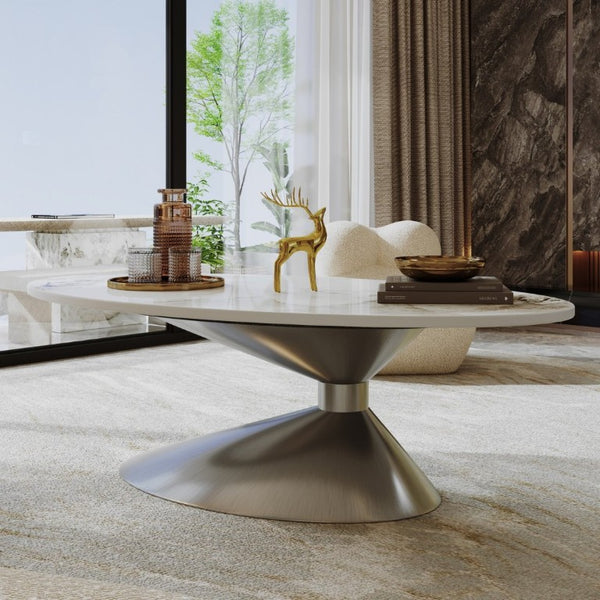 English Elm 49.2 Inch Oval Sintered Stone Coffee Table with Sculptural Stainless Base for Living Room Gray,White W3136S00142