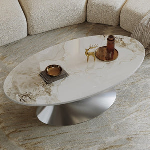 English Elm 49.2 Inch Oval Sintered Stone Coffee Table with Sculptural Stainless Base for Living Room Gray,White W3136S00142