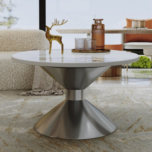 English Elm 49.2 Inch Oval Sintered Stone Coffee Table with Sculptural Stainless Base for Living Room Gray,White W3136S00142