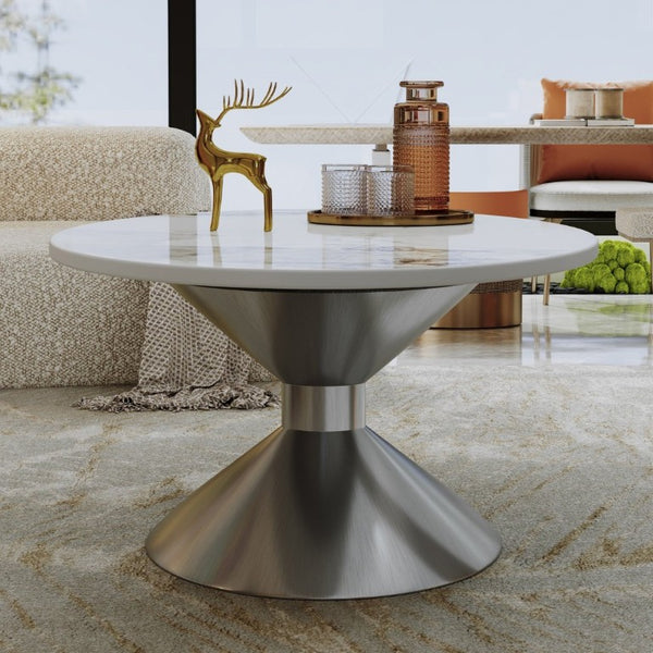 English Elm 49.2 Inch Oval Sintered Stone Coffee Table with Sculptural Stainless Base for Living Room Gray,White W3136S00142