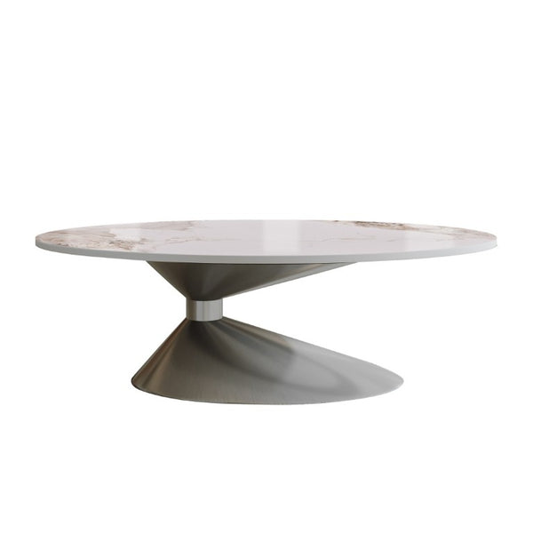 English Elm 49.2 Inch Oval Sintered Stone Coffee Table with Sculptural Stainless Base for Living Room Gray,White W3136S00142
