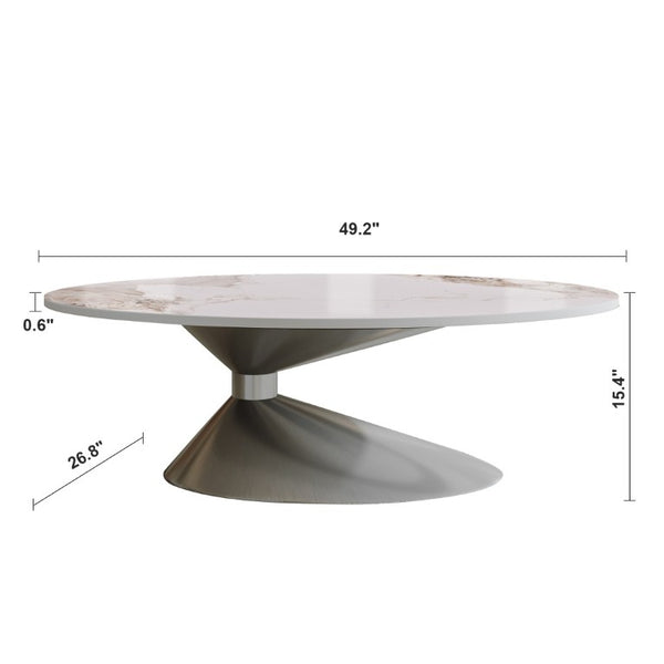 English Elm 49.2 Inch Oval Sintered Stone Coffee Table with Sculptural Stainless Base for Living Room Gray,White W3136S00142