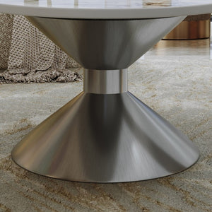 English Elm 49.2 Inch Oval Sintered Stone Coffee Table with Sculptural Stainless Base for Living Room Gray,White W3136S00142