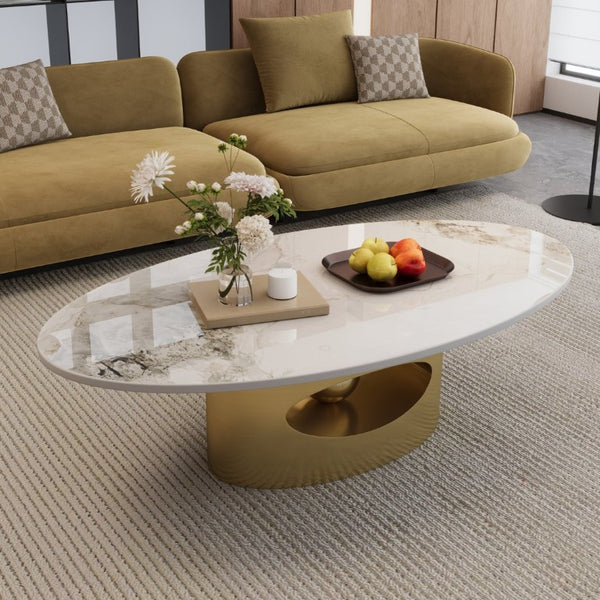 English Elm 49.2 Inch Oval Sintered Stone Coffee Table Sculptural Steel Base for Modern Living Gold,White W3136S00143