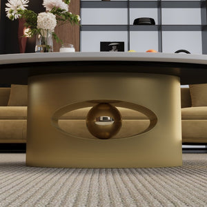 English Elm 49.2 Inch Oval Sintered Stone Coffee Table Sculptural Steel Base for Modern Living Gold,White W3136S00143