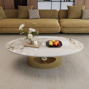 English Elm 49.2 Inch Oval Sintered Stone Coffee Table Sculptural Steel Base for Modern Living Gold,White W3136S00143