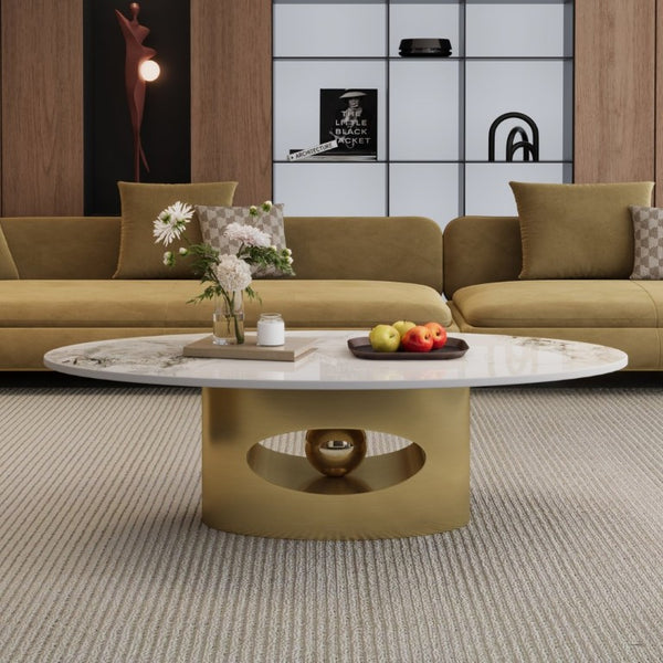 English Elm 49.2 Inch Oval Sintered Stone Coffee Table Sculptural Steel Base for Modern Living Gold,White W3136S00143