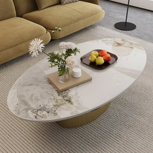 English Elm 49.2 Inch Oval Sintered Stone Coffee Table Sculptural Steel Base for Modern Living Gold,White W3136S00143