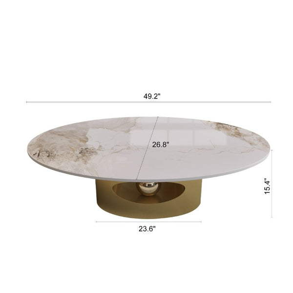 English Elm 49.2 Inch Oval Sintered Stone Coffee Table Sculptural Steel Base for Modern Living Gold,White W3136S00143