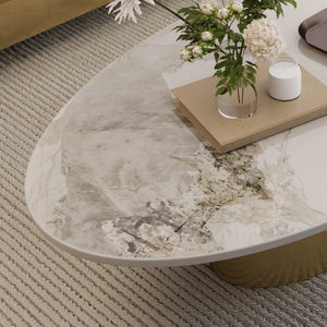 English Elm 49.2 Inch Oval Sintered Stone Coffee Table Sculptural Steel Base for Modern Living Gold,White W3136S00143