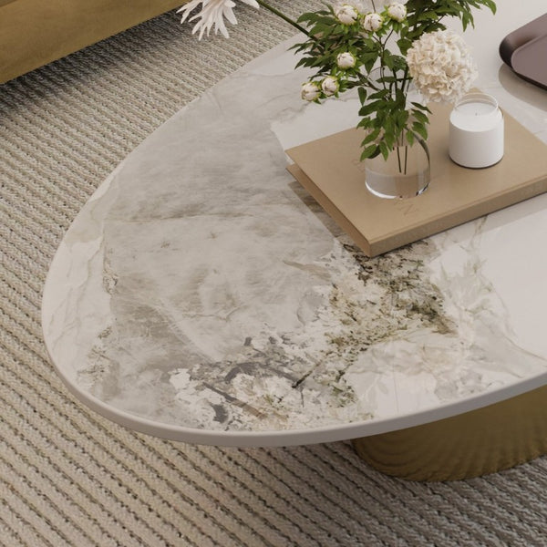 English Elm 49.2 Inch Oval Sintered Stone Coffee Table Sculptural Steel Base for Modern Living Gold,White W3136S00143