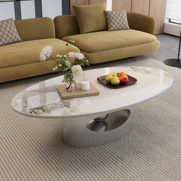 English Elm 49.2 Inch Oval Sintered Stone Coffee Table Sculptural Steel Base for Modern Living Gray,White W3136S00144