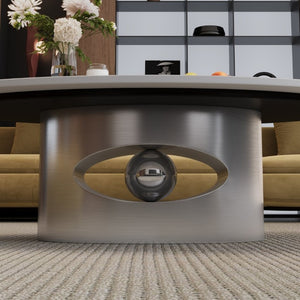 English Elm 49.2 Inch Oval Sintered Stone Coffee Table Sculptural Steel Base for Modern Living Gray,White W3136S00144