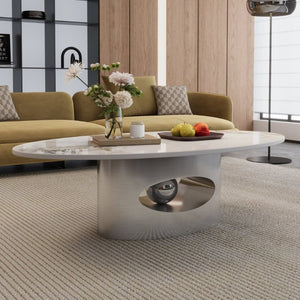 English Elm 49.2 Inch Oval Sintered Stone Coffee Table Sculptural Steel Base for Modern Living Gray,White W3136S00144