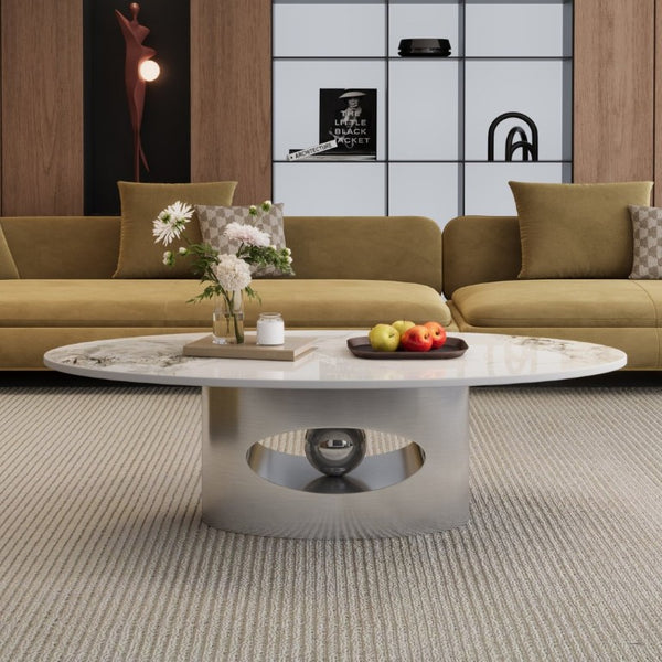 English Elm 49.2 Inch Oval Sintered Stone Coffee Table Sculptural Steel Base for Modern Living Gray,White W3136S00144