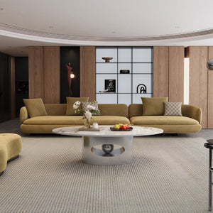 English Elm 49.2 Inch Oval Sintered Stone Coffee Table Sculptural Steel Base for Modern Living Gray,White W3136S00144