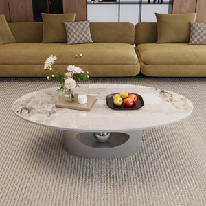 English Elm 49.2 Inch Oval Sintered Stone Coffee Table Sculptural Steel Base for Modern Living Gray,White W3136S00144