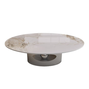 English Elm 49.2 Inch Oval Sintered Stone Coffee Table Sculptural Steel Base for Modern Living Gray,White W3136S00144