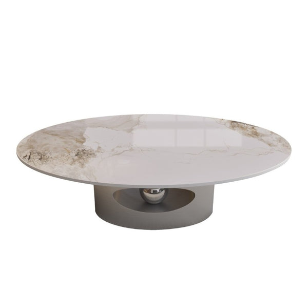 English Elm 49.2 Inch Oval Sintered Stone Coffee Table Sculptural Steel Base for Modern Living Gray,White W3136S00144