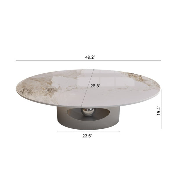 English Elm 49.2 Inch Oval Sintered Stone Coffee Table Sculptural Steel Base for Modern Living Gray,White W3136S00144