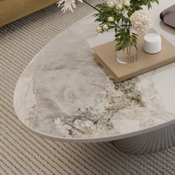 English Elm 49.2 Inch Oval Sintered Stone Coffee Table Sculptural Steel Base for Modern Living Gray,White W3136S00144