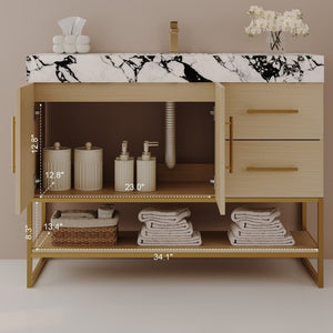 English Elm 36 Inch Freestanding Bathroom Vanity with Sintered Stone Top and Ceramic Basin Gold, White+Black, Wood - A W3136S00145