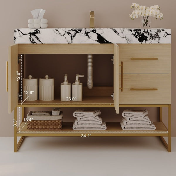 English Elm 36 Inch Freestanding Bathroom Vanity with Sintered Stone Top and Ceramic Basin Gold, White+Black, Wood - A W3136S00145