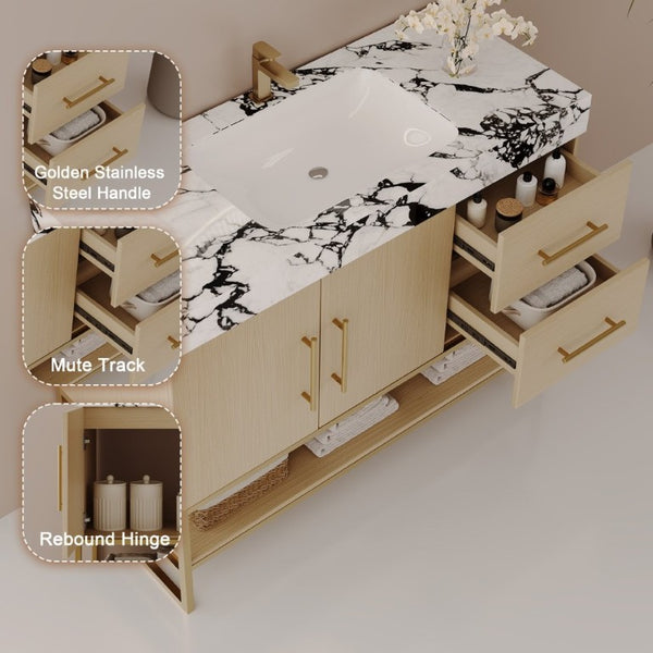 English Elm 36 Inch Freestanding Bathroom Vanity with Sintered Stone Top and Ceramic Basin Gold, White+Black, Wood - A W3136S00145