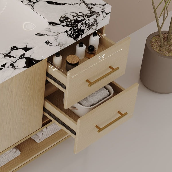 English Elm 36 Inch Freestanding Bathroom Vanity with Sintered Stone Top and Ceramic Basin Gold, White+Black, Wood - A W3136S00145