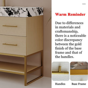English Elm 36 Inch Freestanding Bathroom Vanity with Sintered Stone Top and Ceramic Basin Gold, White+Black, Wood - A W3136S00145
