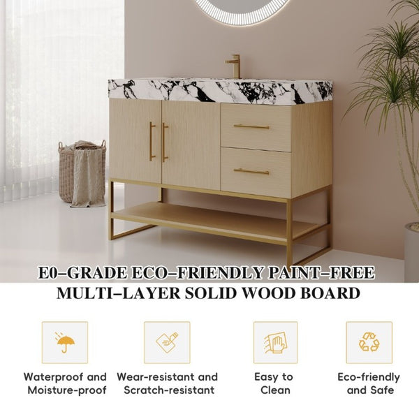 English Elm 36 Inch Freestanding Bathroom Vanity with Sintered Stone Top and Ceramic Basin Gold, White+Black, Wood - A W3136S00145