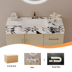 English Elm 36 Inch Freestanding Bathroom Vanity with Sintered Stone Top and Ceramic Basin Gold, White+Black, Wood - A W3136S00145