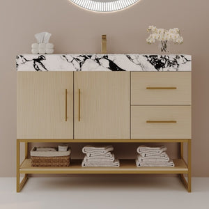 English Elm 36 Inch Freestanding Bathroom Vanity with Sintered Stone Top and Ceramic Basin Gold, White+Black, Wood - A W3136S00145