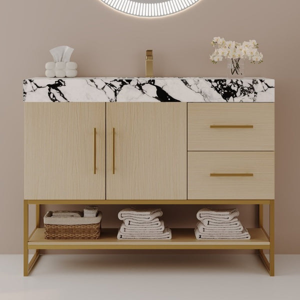 English Elm 36 Inch Freestanding Bathroom Vanity with Sintered Stone Top and Ceramic Basin Gold, White+Black, Wood - A W3136S00145